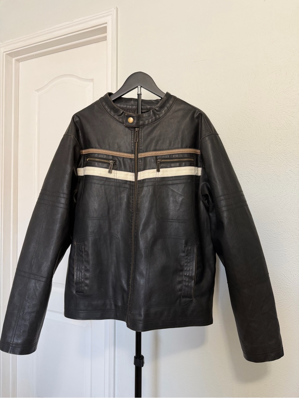 Red Camel Black  Faux Leather Motorcycle Jacket with Brown and White Stripes